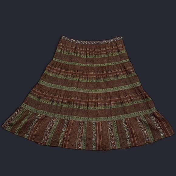 Future Paradise by Anthropologie Brown & Green Beaded Boho Fairy Midi Skirt 10/M - Picture 5 of 8